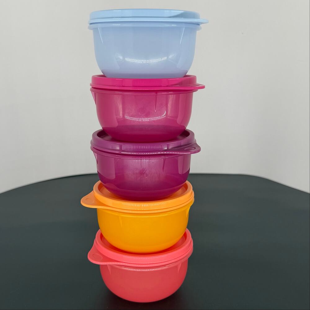 Tupperware Ideal Lit'l Snack Cup Bowls Set of 5 Multi-Color 1 cup 8oz w/ Lids